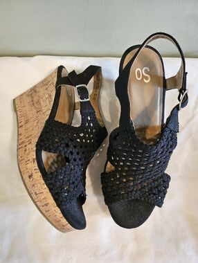 SO Black Woven Cork Wedge Sandals